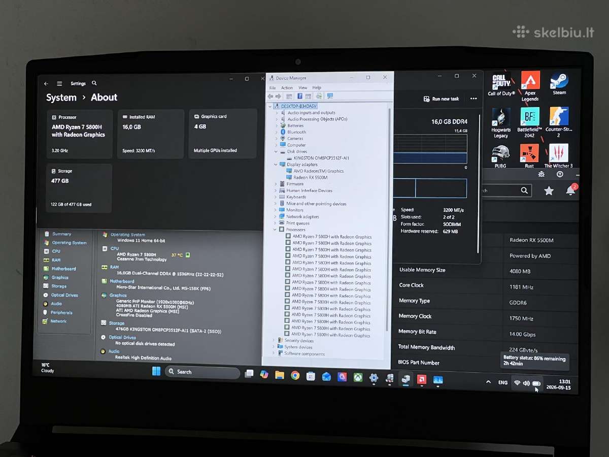 Parduodamas Msi Bravo su Rx 5500m, Ryzen 7, 144hz. - nuotraukos Nr. 8