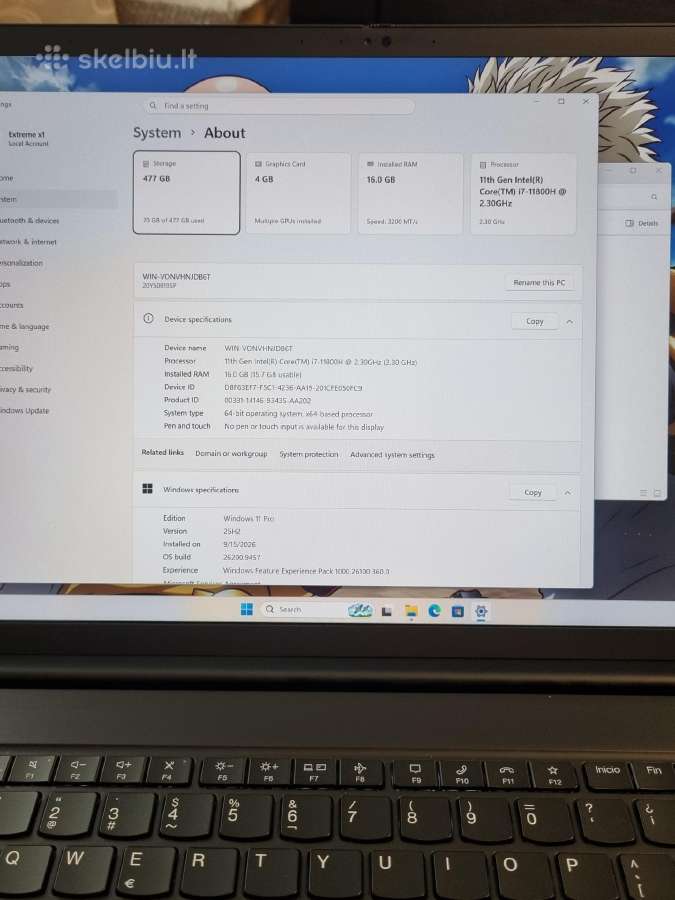 Lenovo Thinkpad X1 Extreme Gen 4 i7 16gb 512gb - nuotraukos Nr. 11
