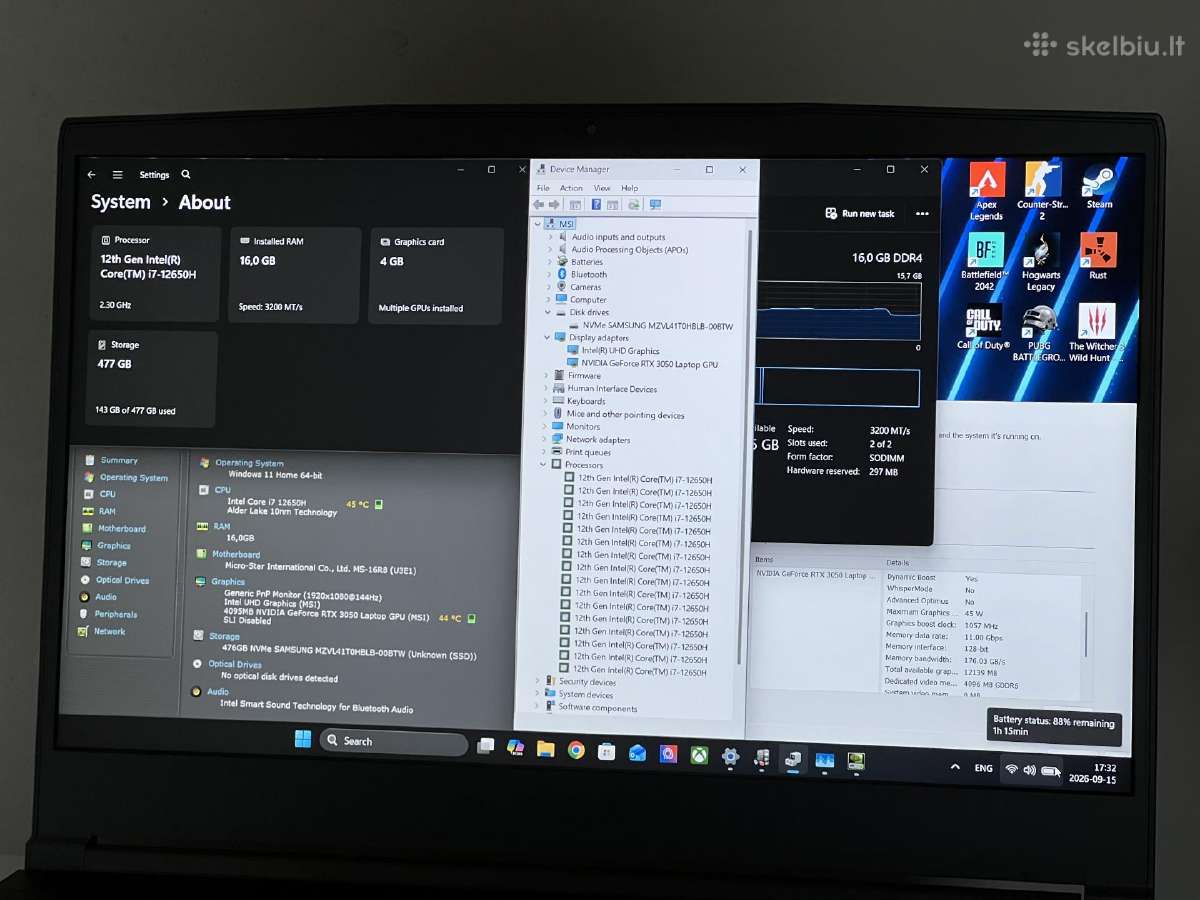 Parduodamas Msi Thin su Rtx 3050, I7-12k, 144hz. - nuotraukos Nr. 8