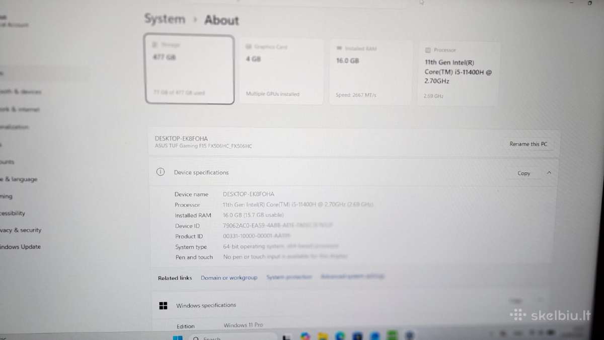 Asus Tuf Gaming F15(fx506h),15.6" Fhd 144hz - nuotraukos Nr. 9