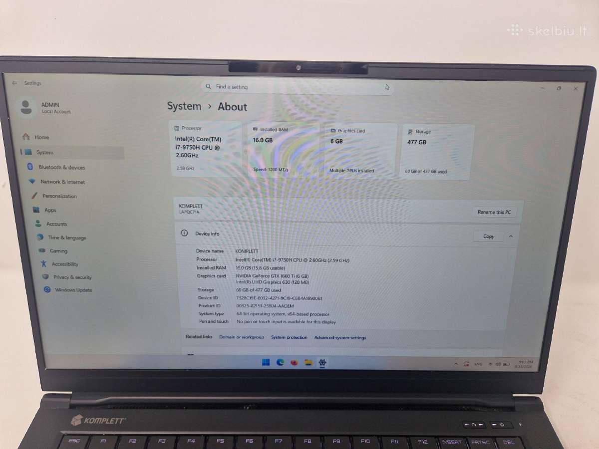 Komplett Khameleon Gtx 1660 / i5-9750u/16gb/256ssd - nuotraukos Nr. 7