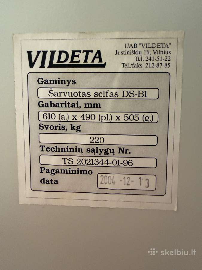 Šarvuotas seifas Vildeta DS-b1 - nuotraukos Nr. 3