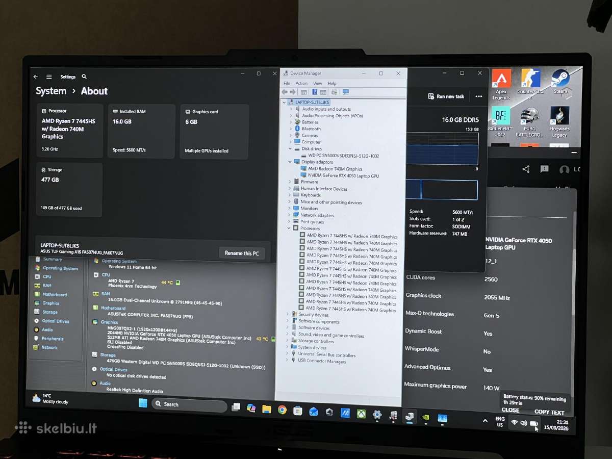 Parduodamas Asus Tuf A16 su Rtx 4050, Ryzen 7. - nuotraukos Nr. 8