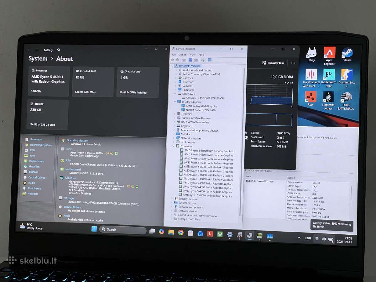 Parduodamas Ideapad Gaming su Gtx 1650, Ryzen 5. - nuotraukos Nr. 8