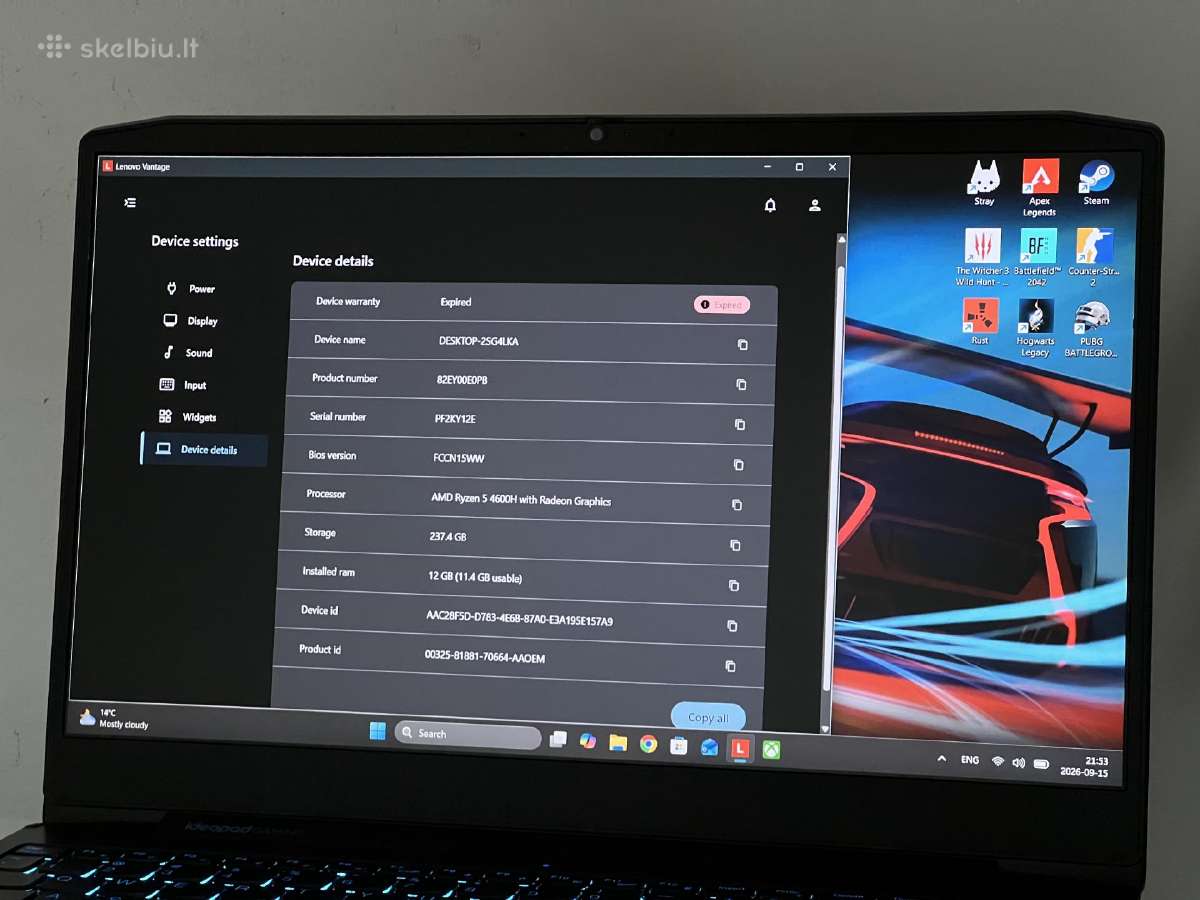 Parduodamas Ideapad Gaming su Gtx 1650, Ryzen 5. - nuotraukos Nr. 9