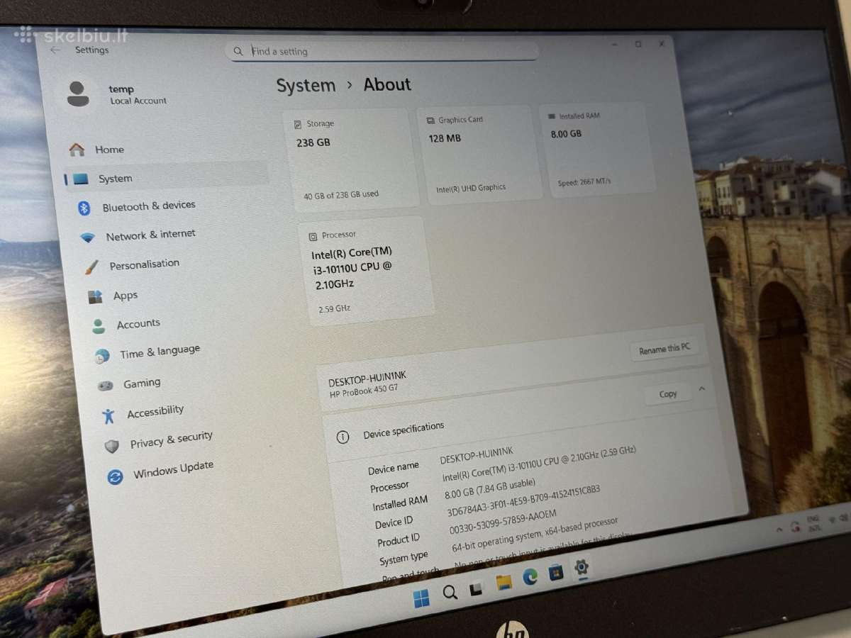 Hp Probook 450 G7 15 colių i3-10110u 8gb/256gb - nuotraukos Nr. 7
