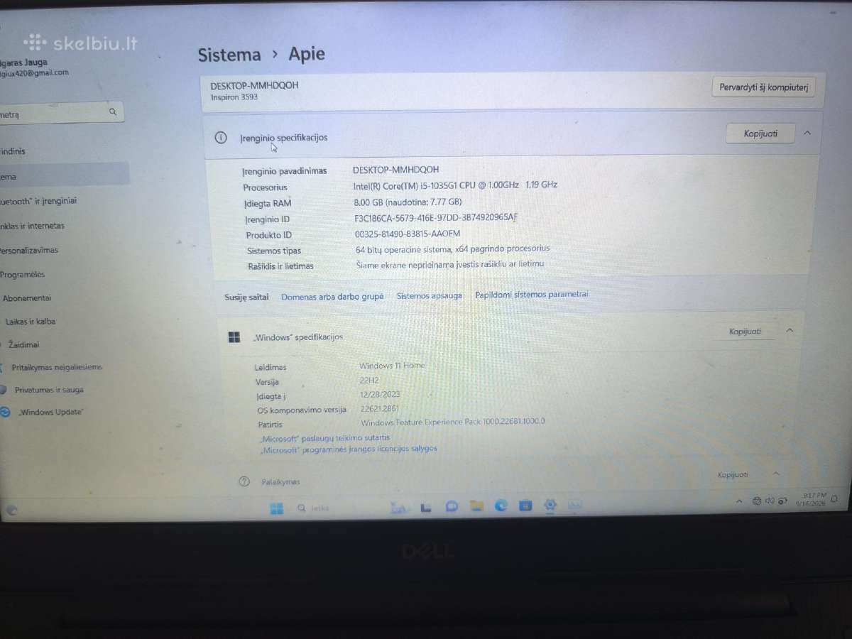 Dell Inspiron 3593 i5-1035g1 8gb RAM 256gb S - nuotraukos Nr. 3