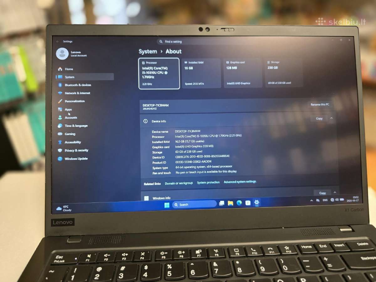 Lenovo Thinkpad X1 Carbon Gen 8 i5-10310u 16gb - nuotraukos Nr. 4