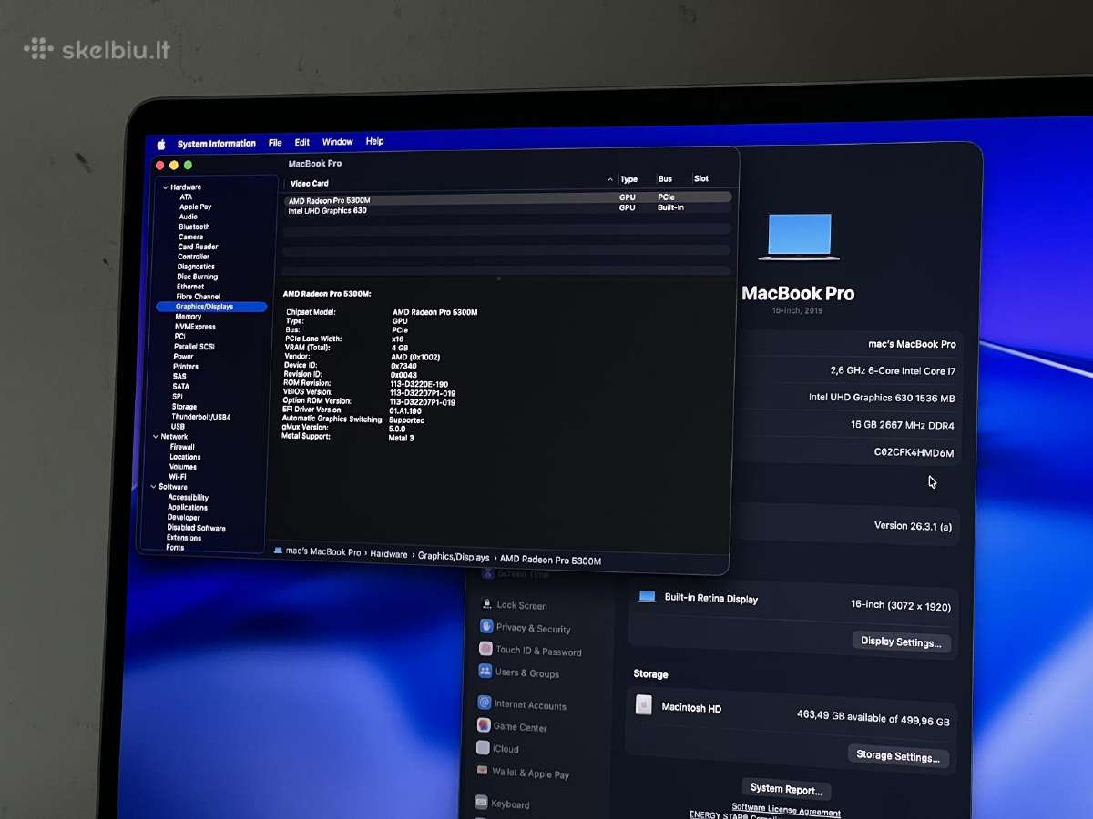 Parduodamas MacBook Pro 16 su Pro 5300m, 16g/512gb - nuotraukos Nr. 9