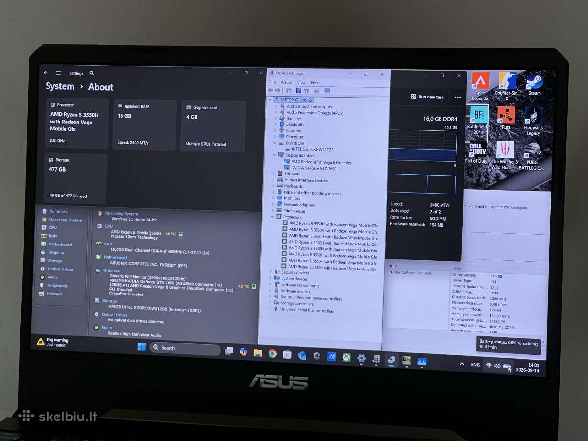 Parduodamas Asus Tuf su Gtx 1650, Ryzen 5, 120hz. - nuotraukos Nr. 8