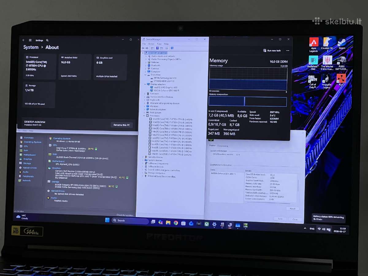 Parduodamas Predator 17 su Gtx 1660ti, I7, 144hz. - nuotraukos Nr. 8