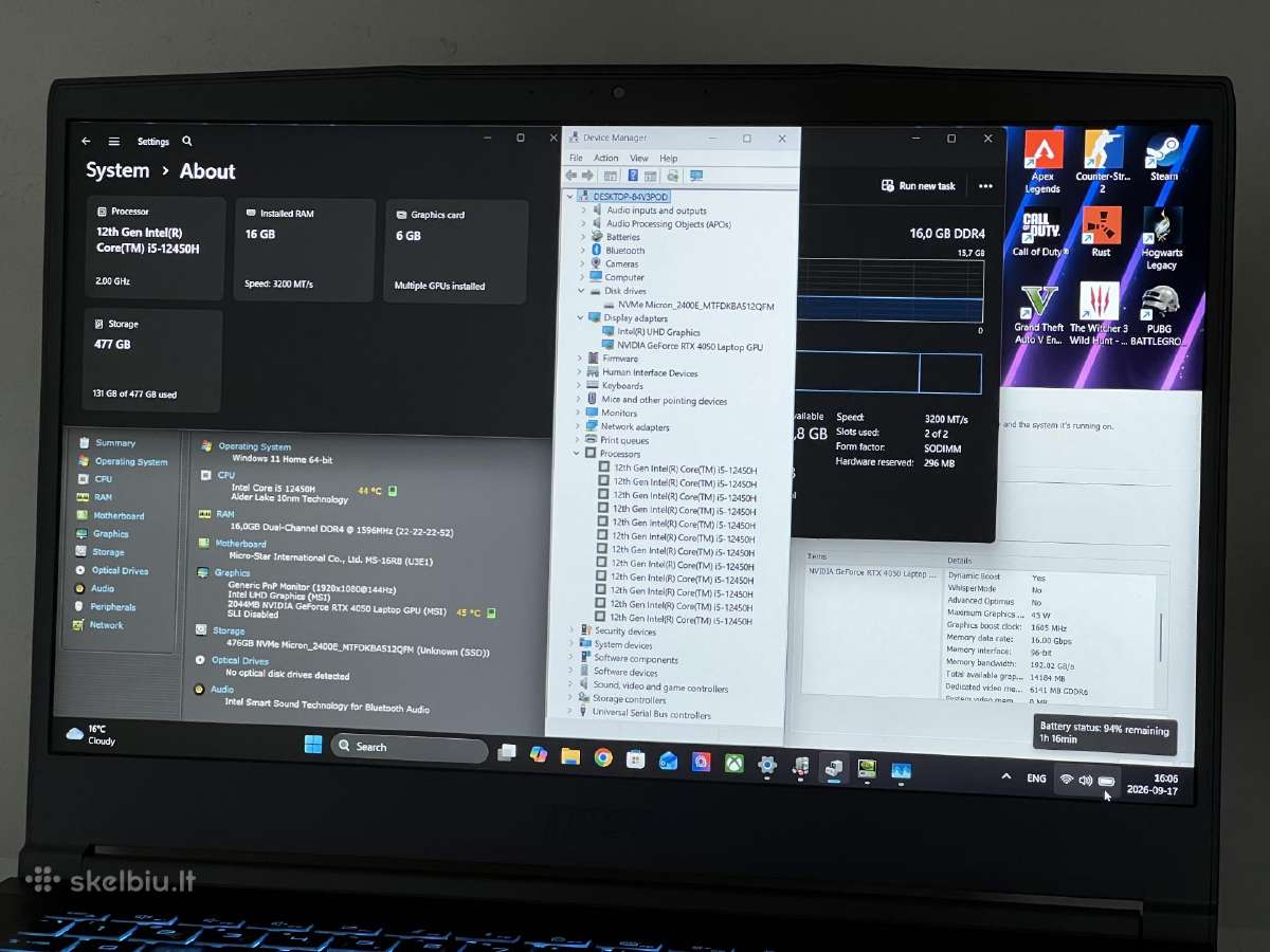 Parduodamas Msi Thin su Rtx 4050, I5-12k, 144hz. - nuotraukos Nr. 8