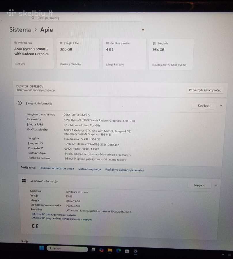 Asus Rog Flow X13 (Ryzen 9 / 32gb RAM / 1tb) - nuotraukos Nr. 9