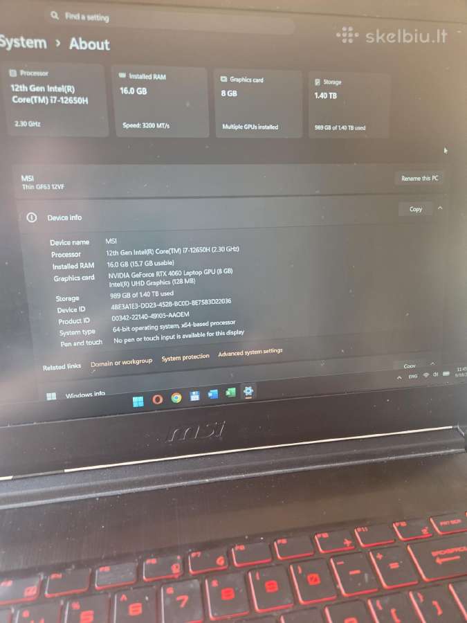 Parduodamas Msi Gf63, i7-12650h, Rtx 4060, 1.5 TB. - nuotraukos Nr. 2