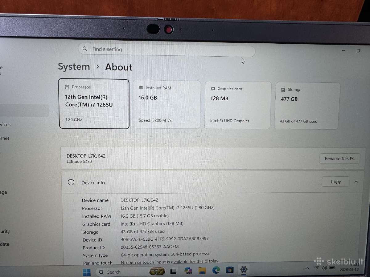 Dell Latitude 5430 i7-1265u/16gb RAM/512gb SSD - nuotraukos Nr. 6