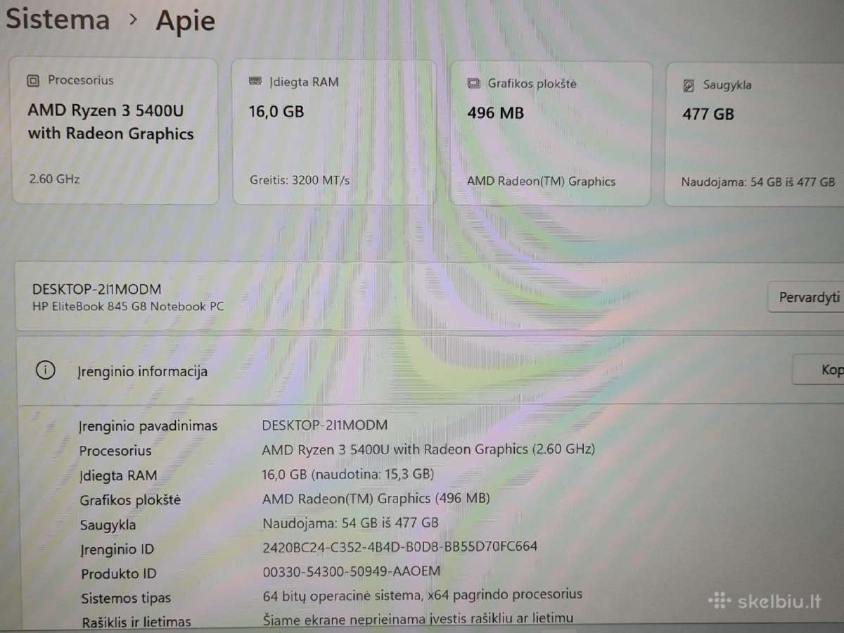 Hp Elitebook 845 G8 – Ryzen 3 Pro 5400u / 16/512gb - nuotraukos Nr. 5