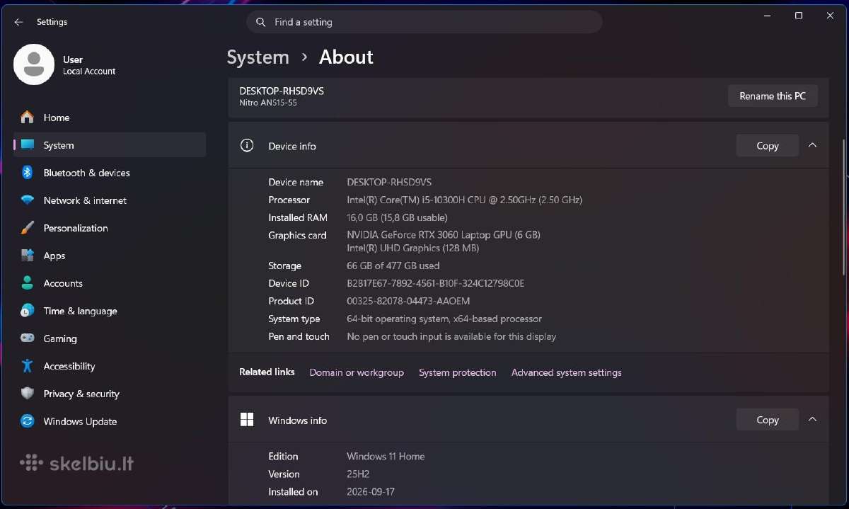 Acer Nitro Gaming su i5 / 16 GB / Rtx3060 / 144hz - nuotraukos Nr. 4