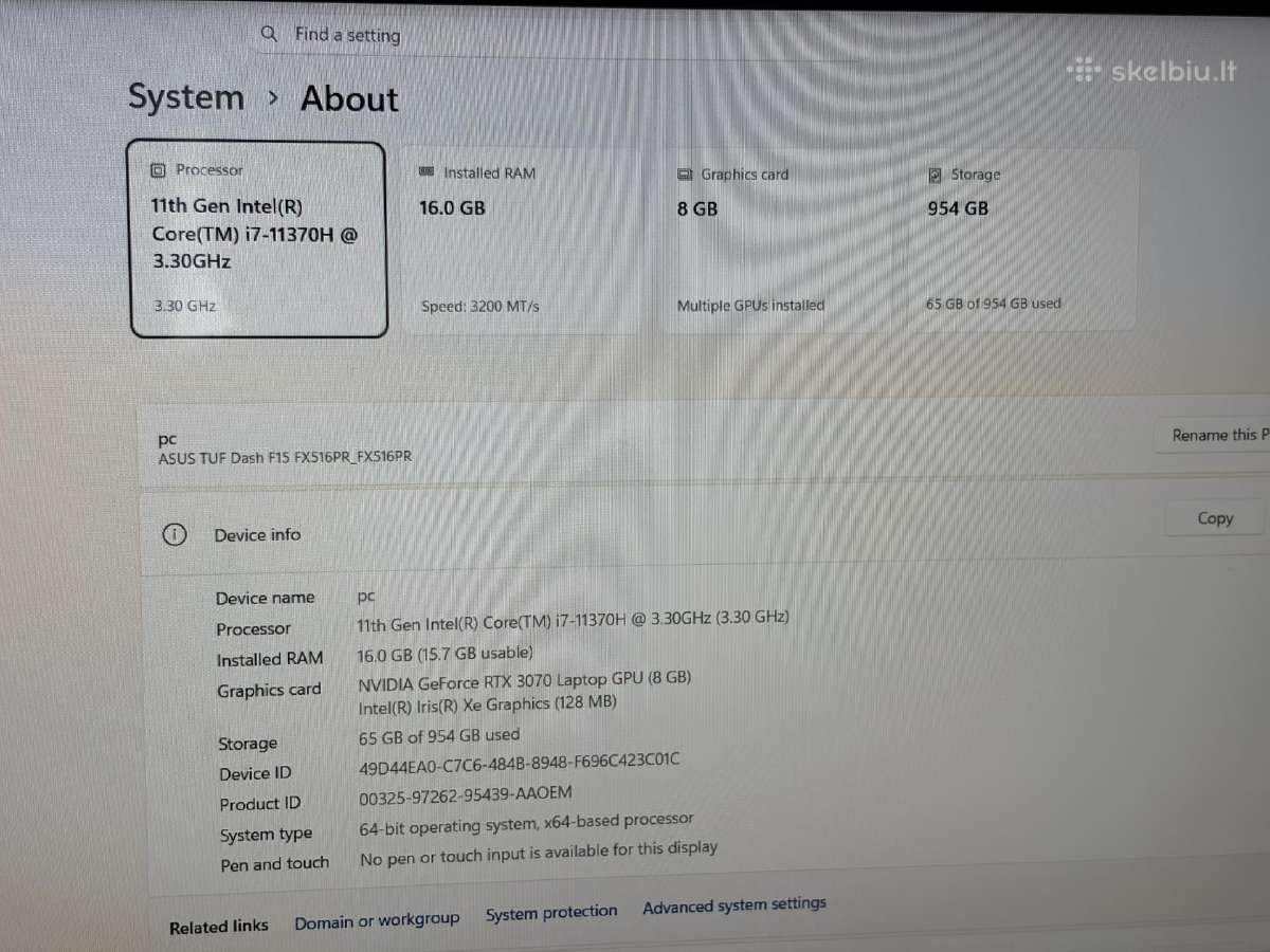 Asus Tuf F15 Dash i7 rtx 3070 240hz - nuotraukos Nr. 4