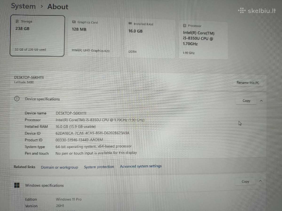 Latitude 5490 Fhd Ips i5-8350u 16/256gb Usa Kb - nuotraukos Nr. 4