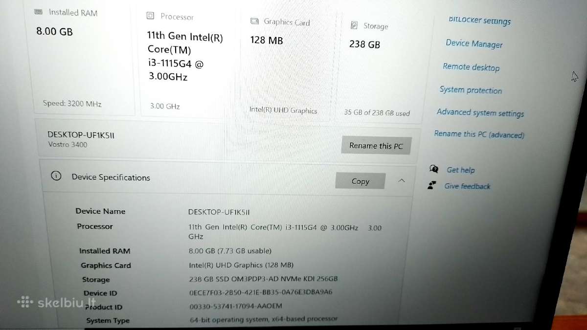 Dell Vostro 143000 i3-1115g3/ssd238gb/8ram - nuotraukos Nr. 8