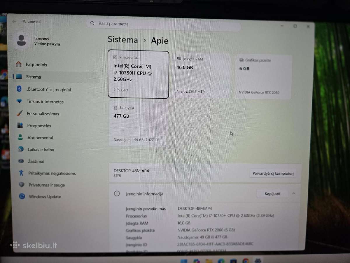 Lenovo Legion 5 – i7 / Rtx 2060 / 144 Hz - nuotraukos Nr. 3