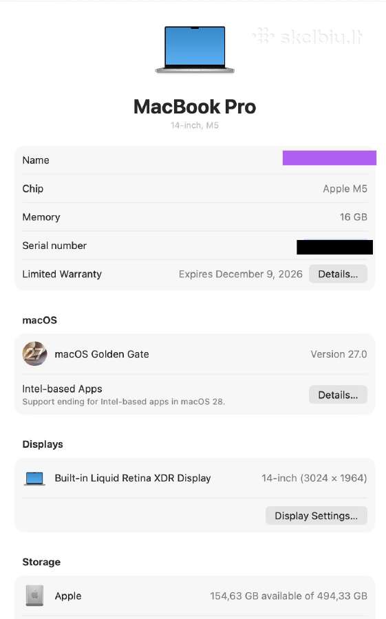 Apple MacBook Pro 14 m5 16gb 512gb 2025 - nuotraukos Nr. 3