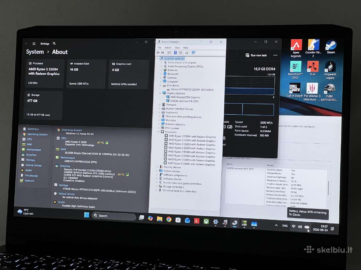 Parduodamas Ideapad su Rtx 2050, Ryzen 5, 144hz. - nuotraukos Nr. 8