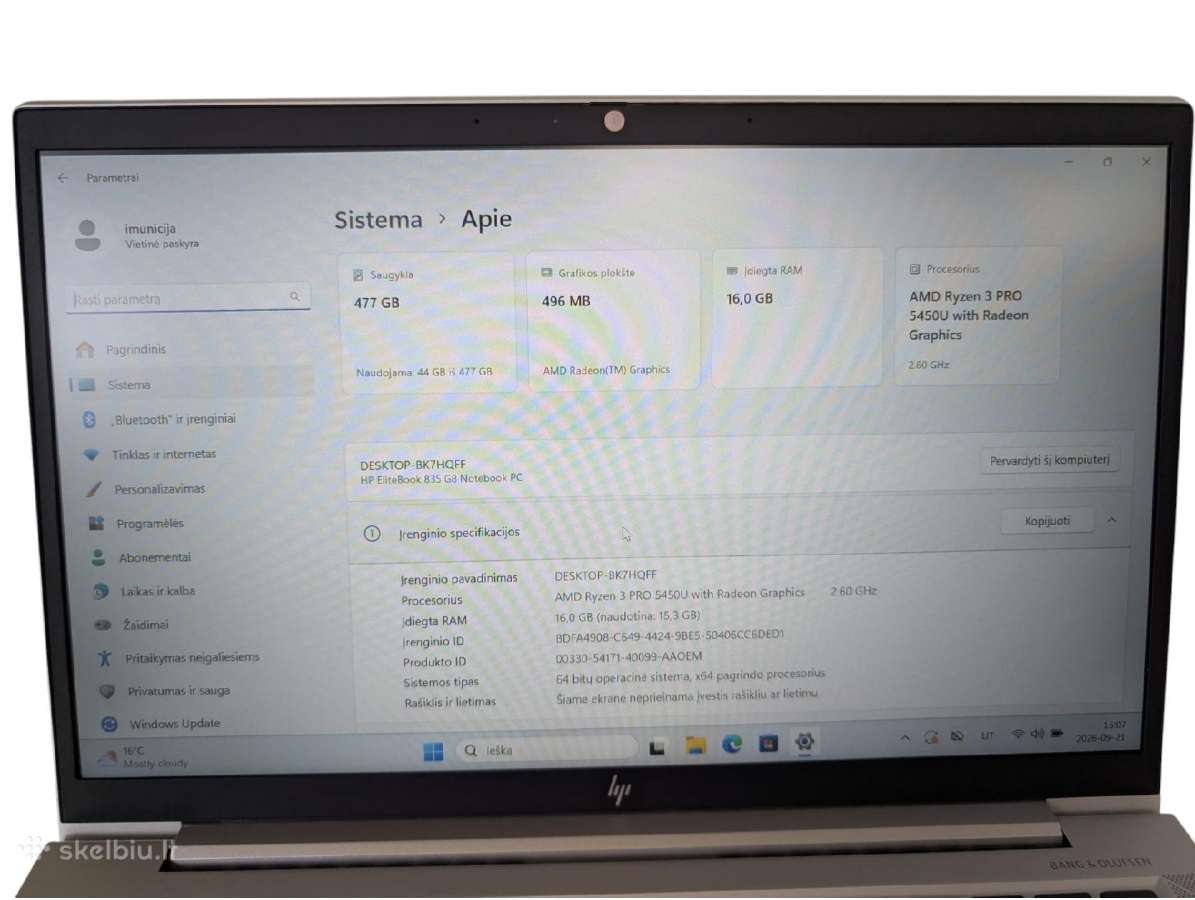 Hp Elitebook 835 G8 – Ryzen 3 Pro 5450u / 16/512 - nuotraukos Nr. 4