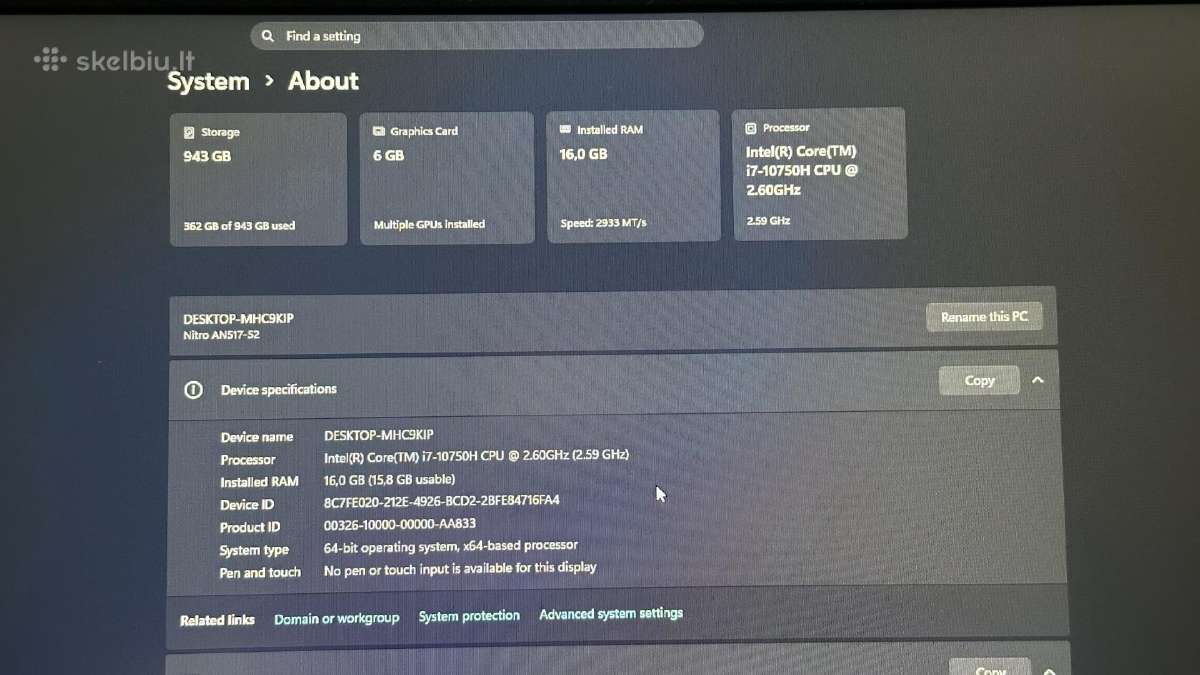 Acer Nitro 5 i7 10th 16ram 6gpu - nuotraukos Nr. 10
