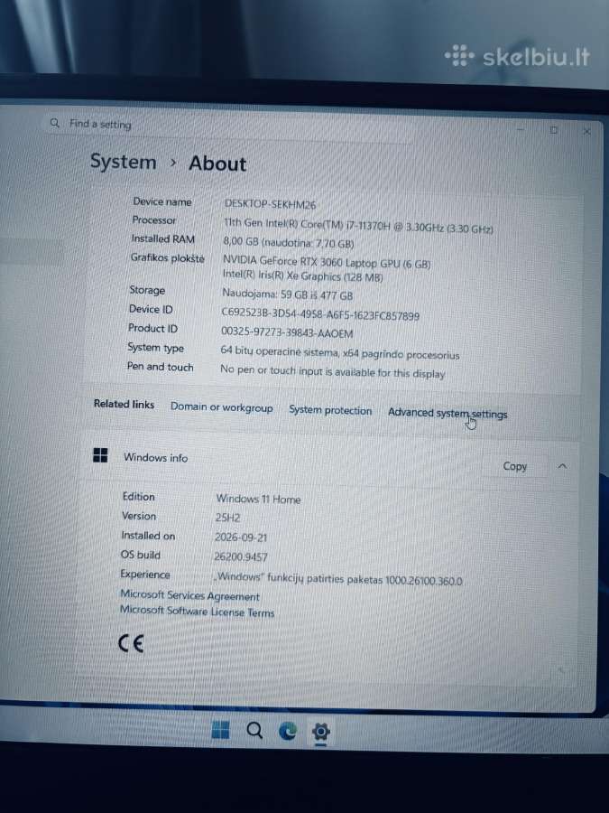 Asus Tuf Dash F15 Gaming i7-11370h Rtx 3060 - nuotraukos Nr. 3