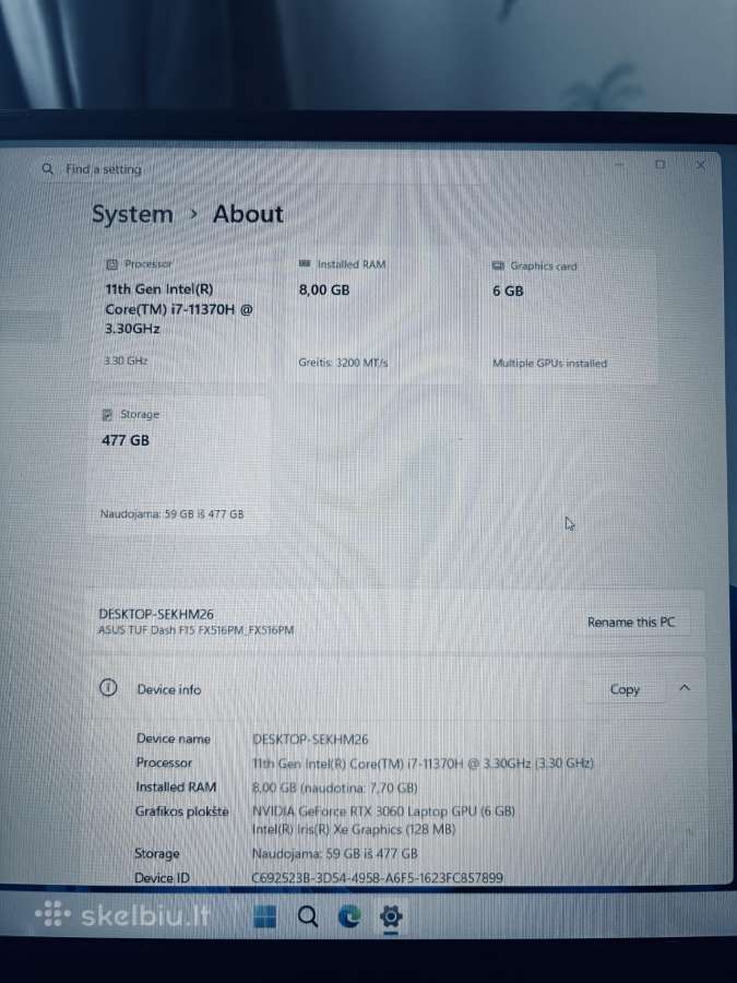 Asus Tuf Dash F15 Gaming i7-11370h Rtx 3060 - nuotraukos Nr. 4