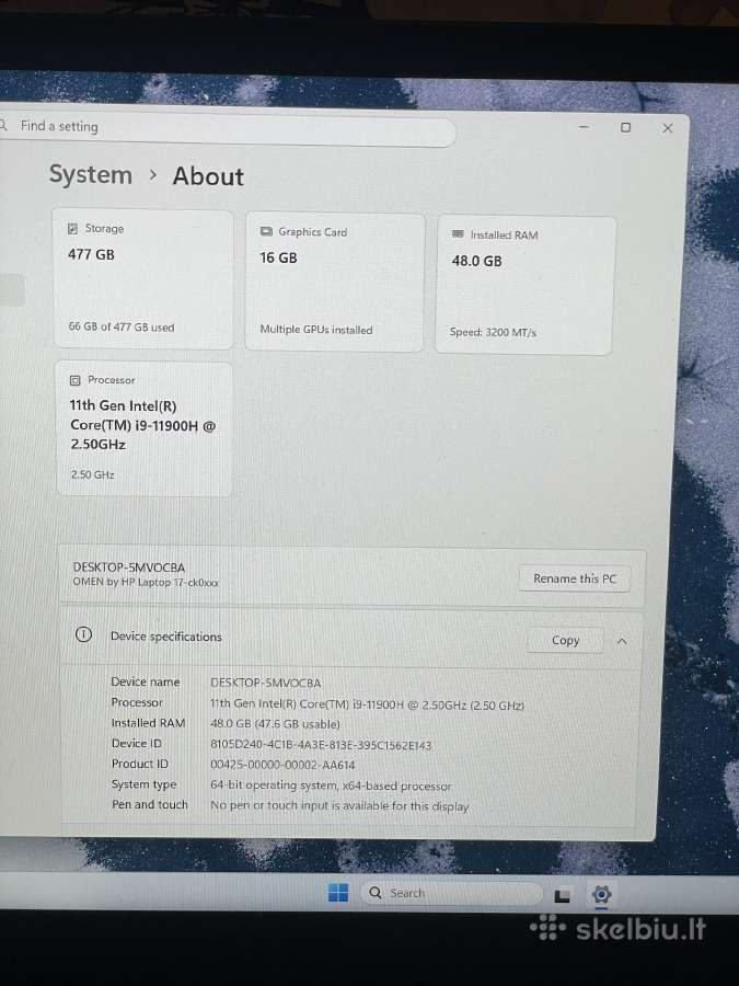 Hp Omen 17 / i9-11900h / Rtx 3080 16gb / 48gb RAM - nuotraukos Nr. 6