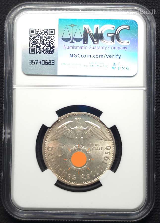5 Reichsmarkės, Vokietija (1936 A) (Ngc Ms 62) - nuotraukos Nr. 2