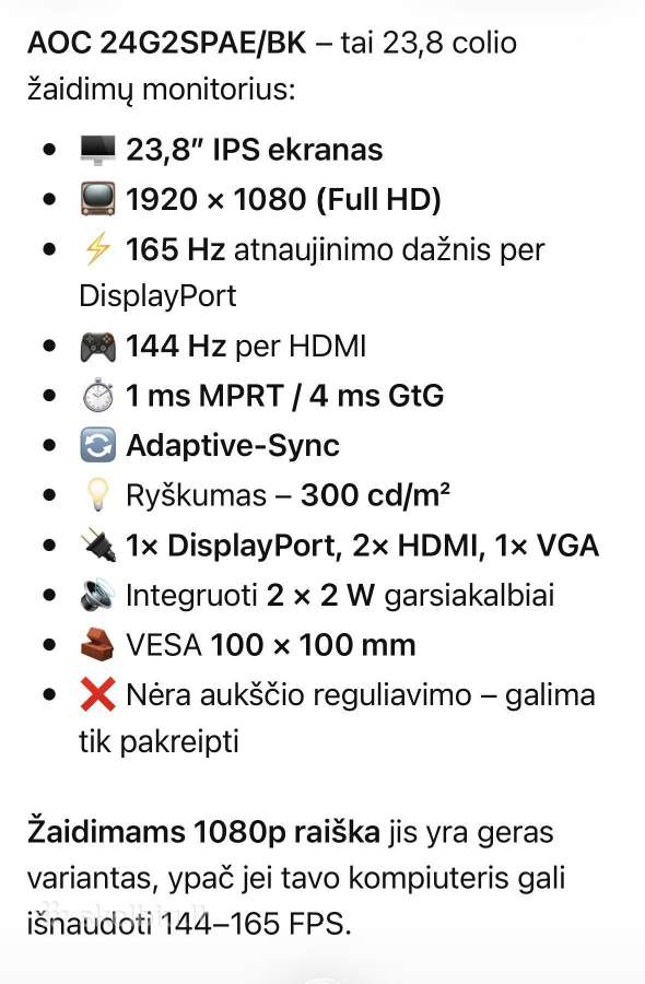Aoc 144hz/1ms/23,8 Ips/full HD - nuotraukos Nr. 5
