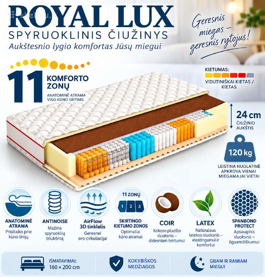 Čiužinys Royal Lux ,11 komforto zonų,kaina 80€ - nuotraukos Nr. 7