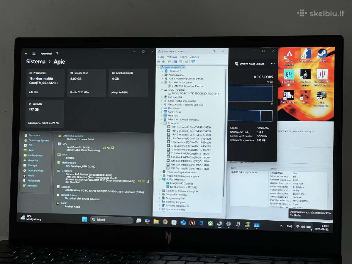 Parduodamas Nitro V15 su Rtx 2050, I5-13k, 144hz. - nuotraukos Nr. 8