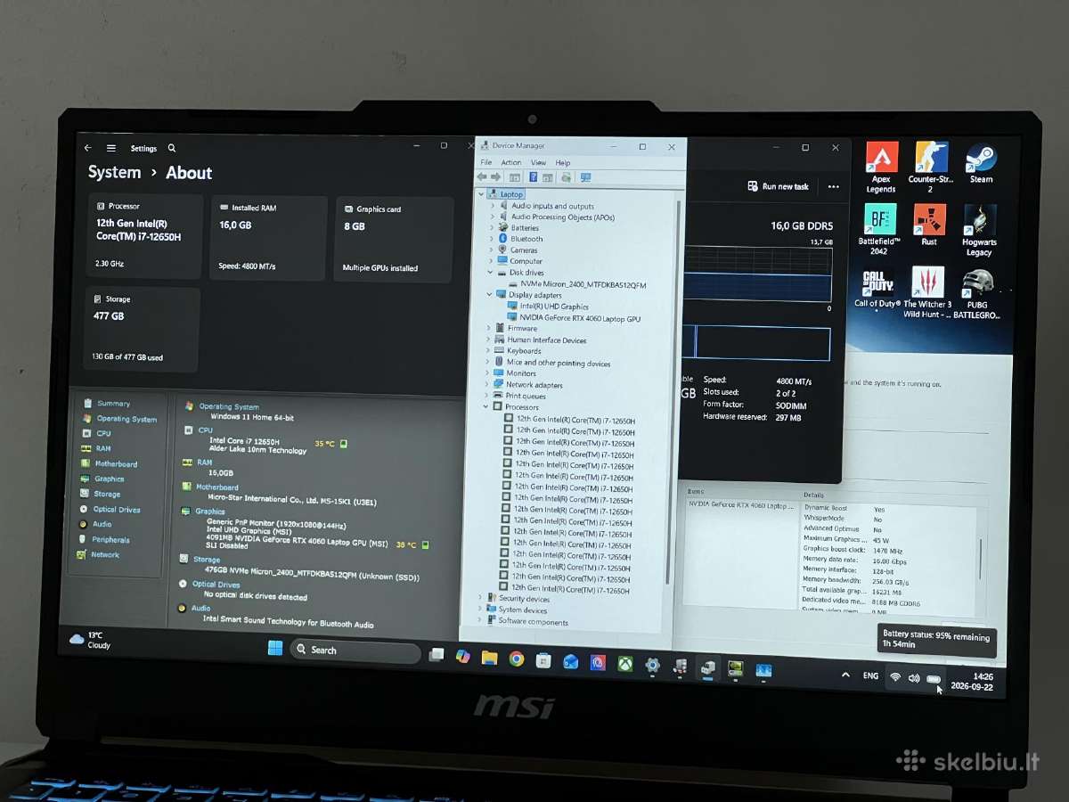 Parduodamas Msi Cyborg su Rtx 4060, I7-12k, 144hz. - nuotraukos Nr. 8