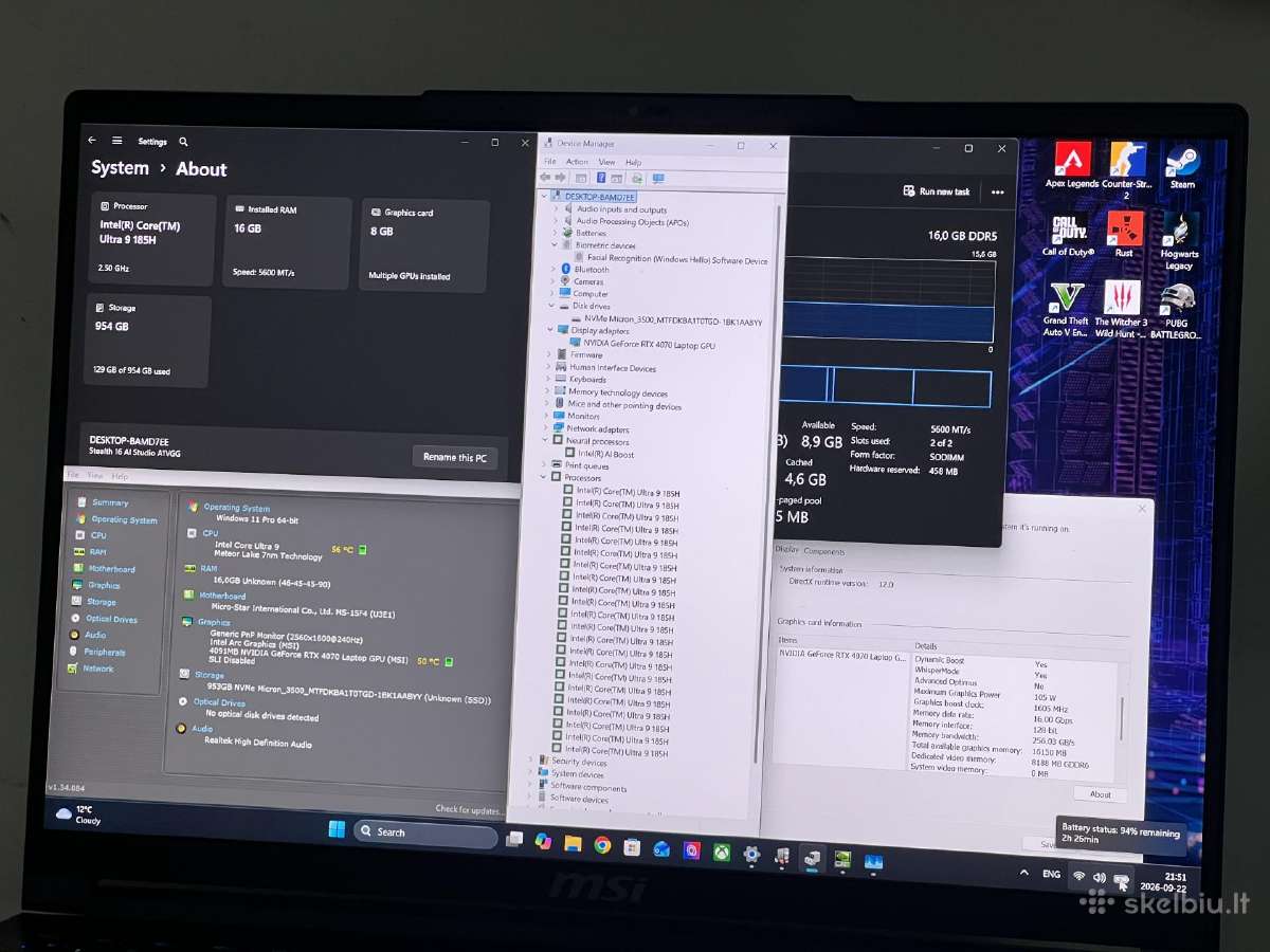 Parduodamas Msi Stealth su Rtx 4070 Ultra 9, 240hz - nuotraukos Nr. 8