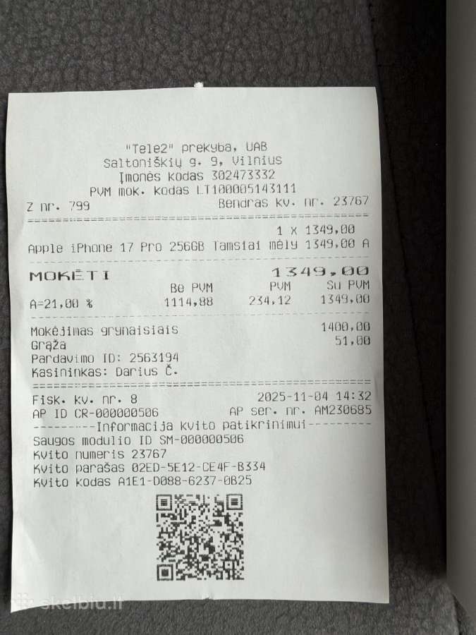 iPhone 17 Pro 256gb deep blue 1020 Eur - nuotraukos Nr. 6