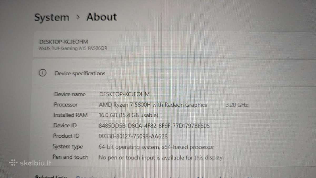 Asus Tuf Gaming A15 Fa506qr / Rtx 3070 / 16gb / 1t - nuotraukos Nr. 5