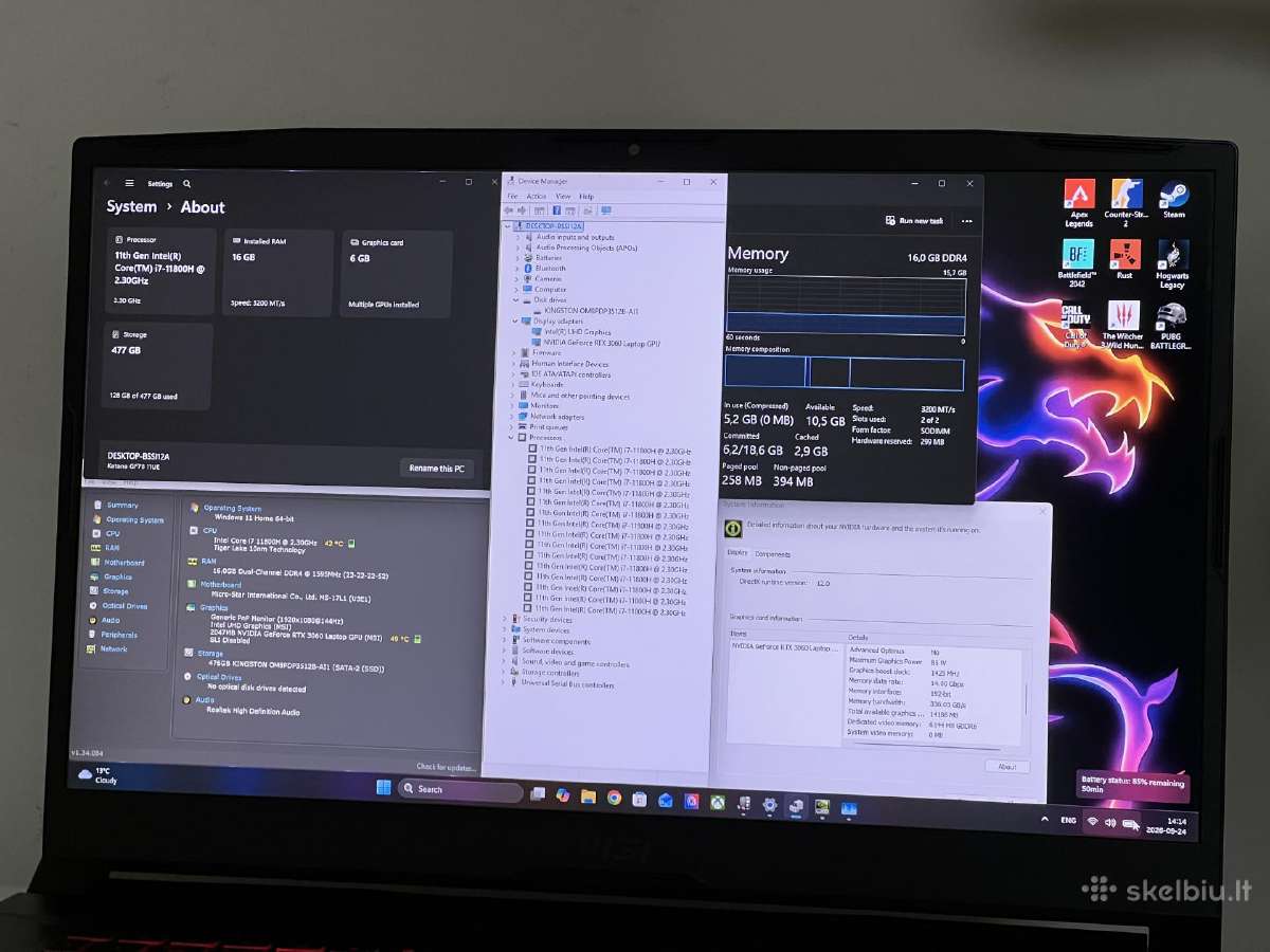 Parduodamas Msi Gf76 su Rtx 3060, I7-11k, 144hz. - nuotraukos Nr. 8