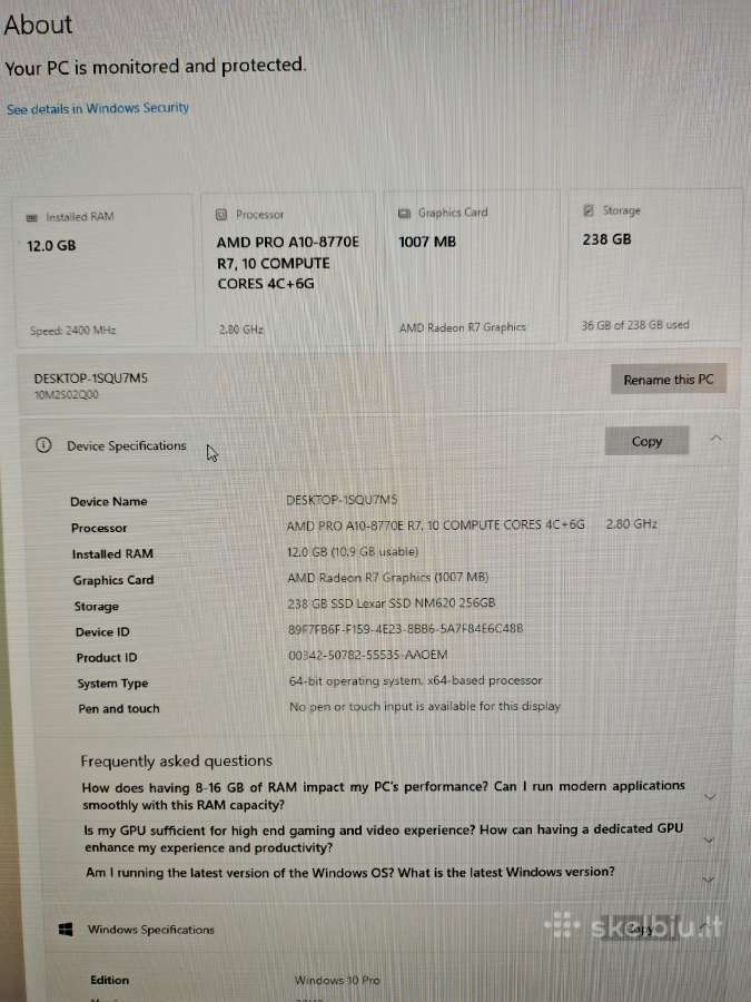 Lenovo Thinkcentre M715p – Amd Pro A10, 12 GB - nuotraukos Nr. 3
