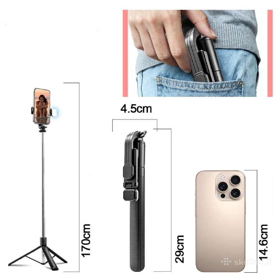 Asmenukių selfie lazda su stovu, LED apšvietimu - nuotraukos Nr. 6