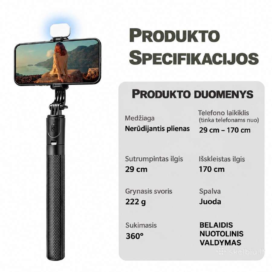Asmenukių selfie lazda su stovu, LED apšvietimu - nuotraukos Nr. 7