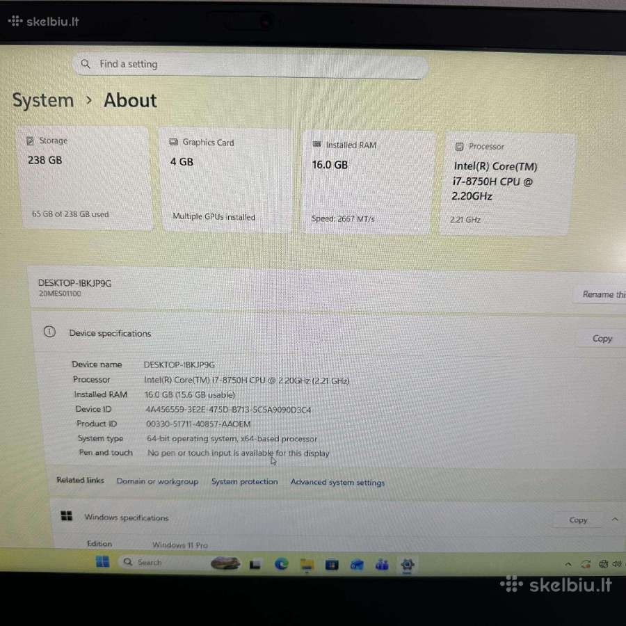 Lenovo Thinkpad P1 G1 I7 256gb SSD, T1000 15.6 Fhd - nuotraukos Nr. 8