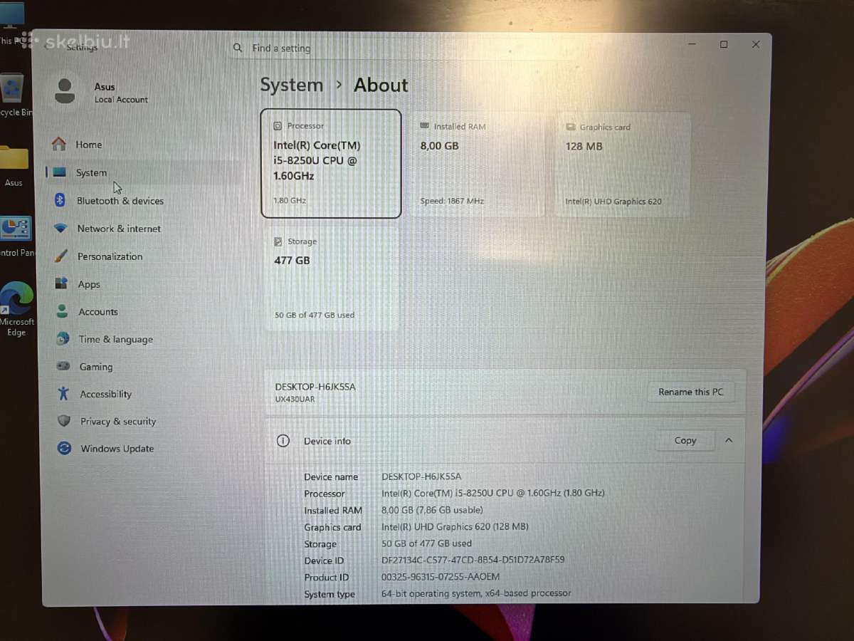 Asus Ux430u i5 8gb 512gb - 130eur - nuotraukos Nr. 3
