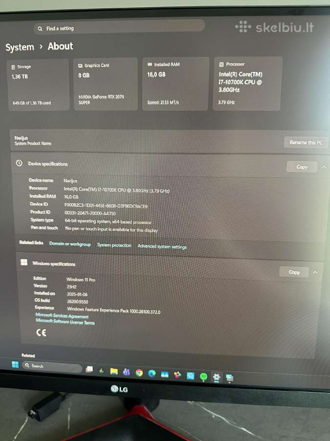 Intel i7-10700k Nvidia 2070 Super, 16gb RAM, - nuotraukos Nr. 4