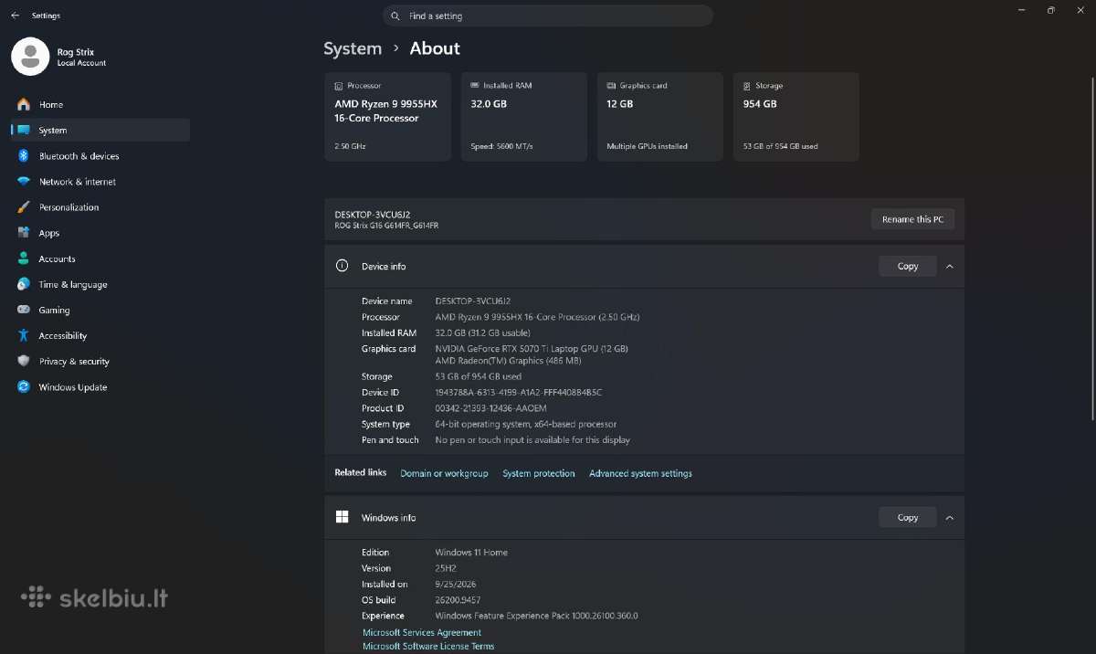 Asus Rog Strix 9955hx Rtx5070ti 12gb 32gb RAM - nuotraukos Nr. 9