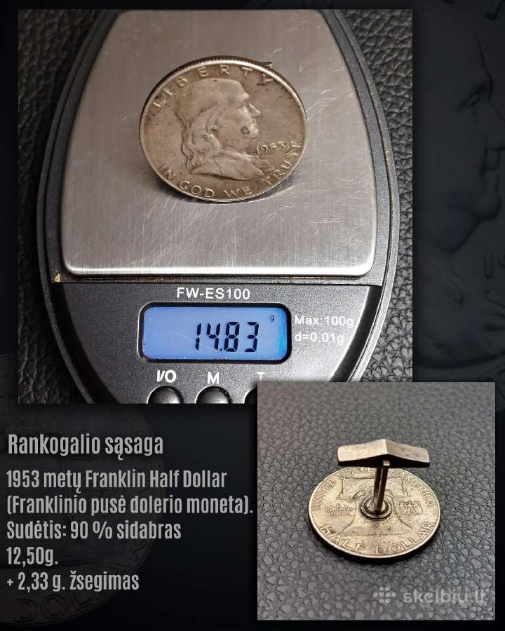 Sidabriniė sąsaga Franklin 1948–63 m. moneta JAV - nuotraukos Nr. 4