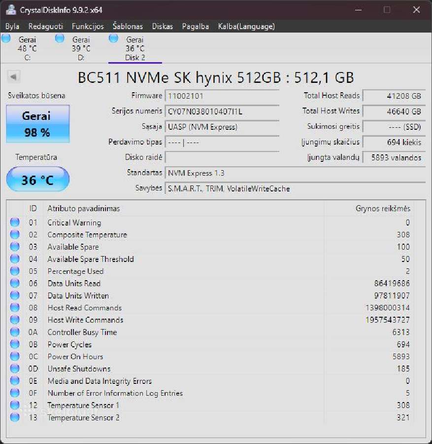 Sk hynix Bc511 512gb Nvme SSD (m.2 2230) - nuotraukos Nr. 2